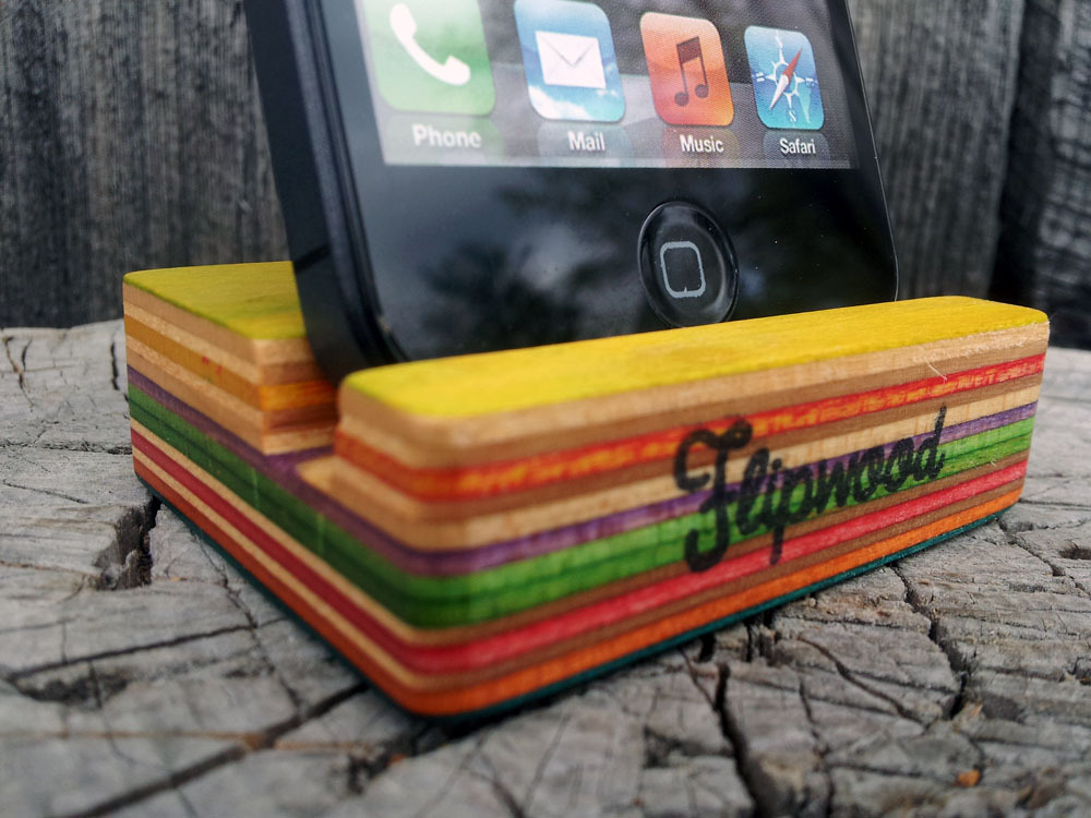 Flipwood smartphone iphone stand recycled skateboards upcycled skateboard